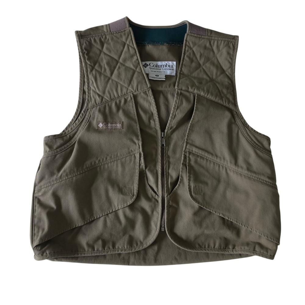 Columbia Mens Fishing Hunting Utility Vest  Olive Green Quilted Shoulder Medium